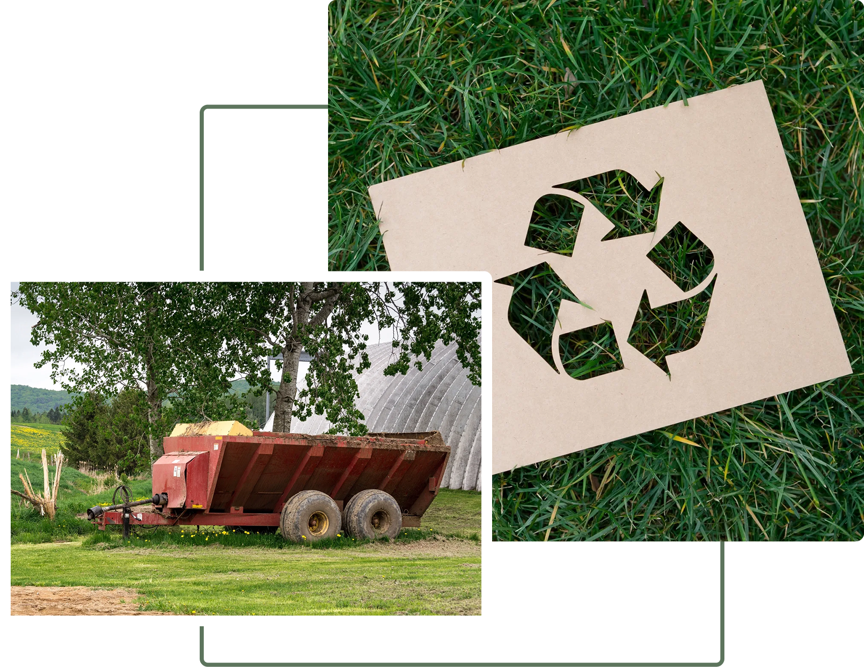 A picture of grass and a tractor with a paper cut out of the recycling symbol.